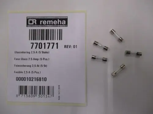 Remeha Glassicherungen in einem transparenten Behälter, mehrere kleine Sicherungen auf einem weißen Untergrund, mit Produktinformationen auf dem Etikett.